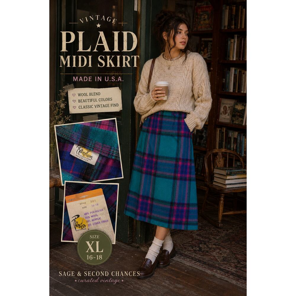 Vintage Plaid Midi Skirt Wool Blend Teal Pink Purple Cottagecore XL